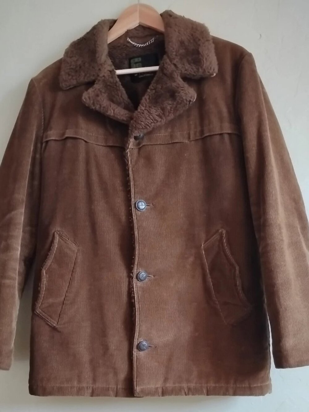 Vtg 70s Silton California Corduroy Button Up Coat Blazer Sherpa Pockets Brown